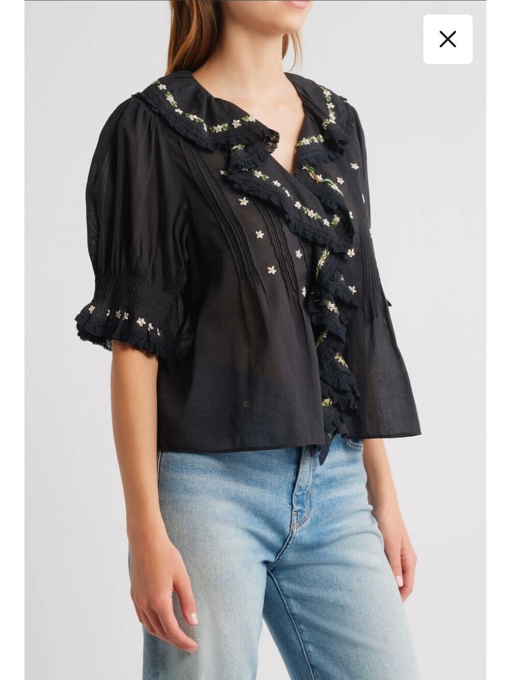 DOEN Hettie Embroidered Ruffle Organic Cotton Top sz M
